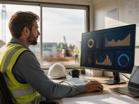 Construction manager reviewing progress dashboards in a site office